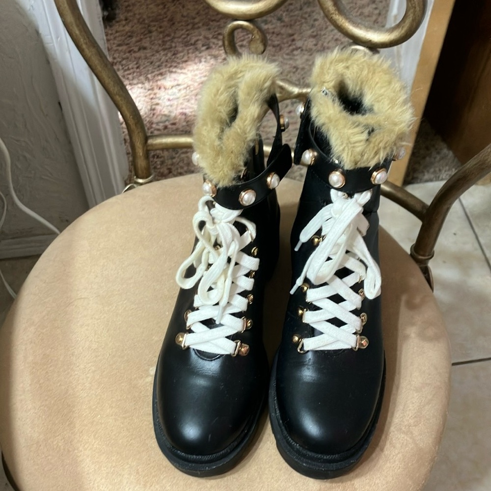 Neiman Marcus black pearl faux fur boots